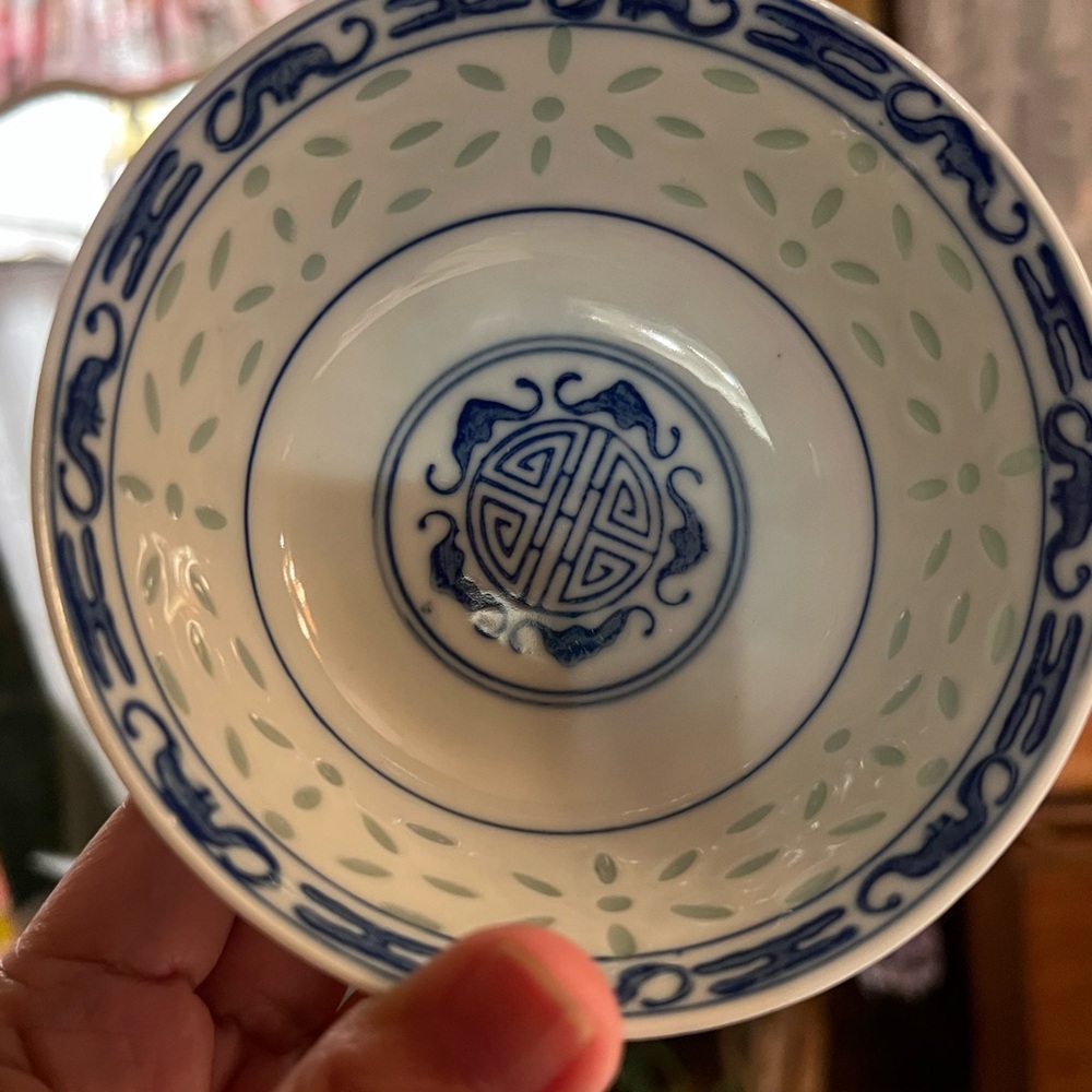 Two Porcelain Blue and White Rice grain Bowl with Bat and Lotus plant symbol. - Picture 2 of 13